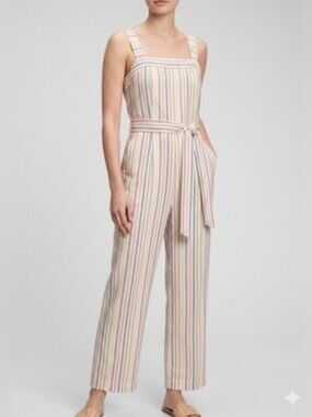 GAP Sz 16T Multicolor Striped Linen-Blend Jumpsuit Wide Leg Seam Pockets NEW